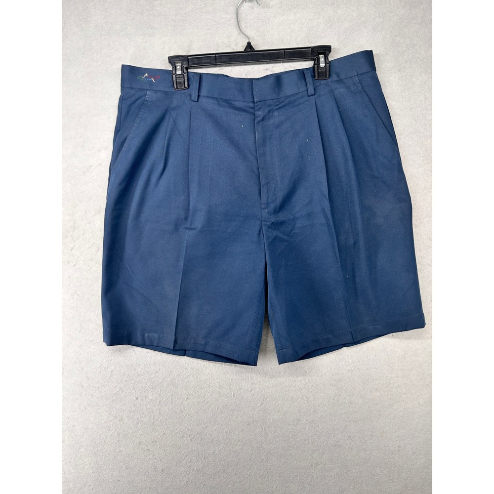 Greg Norman Shark Mens 38 Navy Blue Pleated Microfiber Golf Shorts RN 69421
